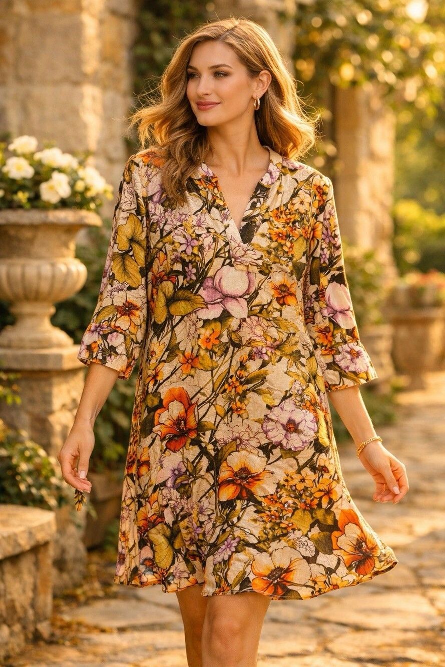 Chico’s Women’s 100% Linen Floral Tunic 3/4 Sleeve Knee Length Dress Sz 2 (US L)